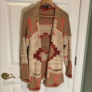 Lauren Ralph Lauren Tan and Red Geometric Cardigan, layering southwest style